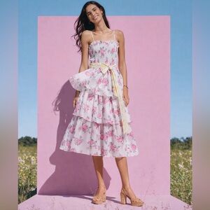 LoveShackFancy x Target Elise Smocked Tiered Midi Dress | Floral Pink Ivory | S🌸